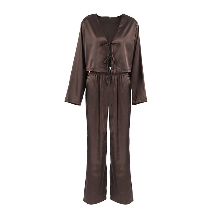 Damen elegantes Satin-Hose-Set mit tiefem V-Ausschnitt und Kordelzug Drune