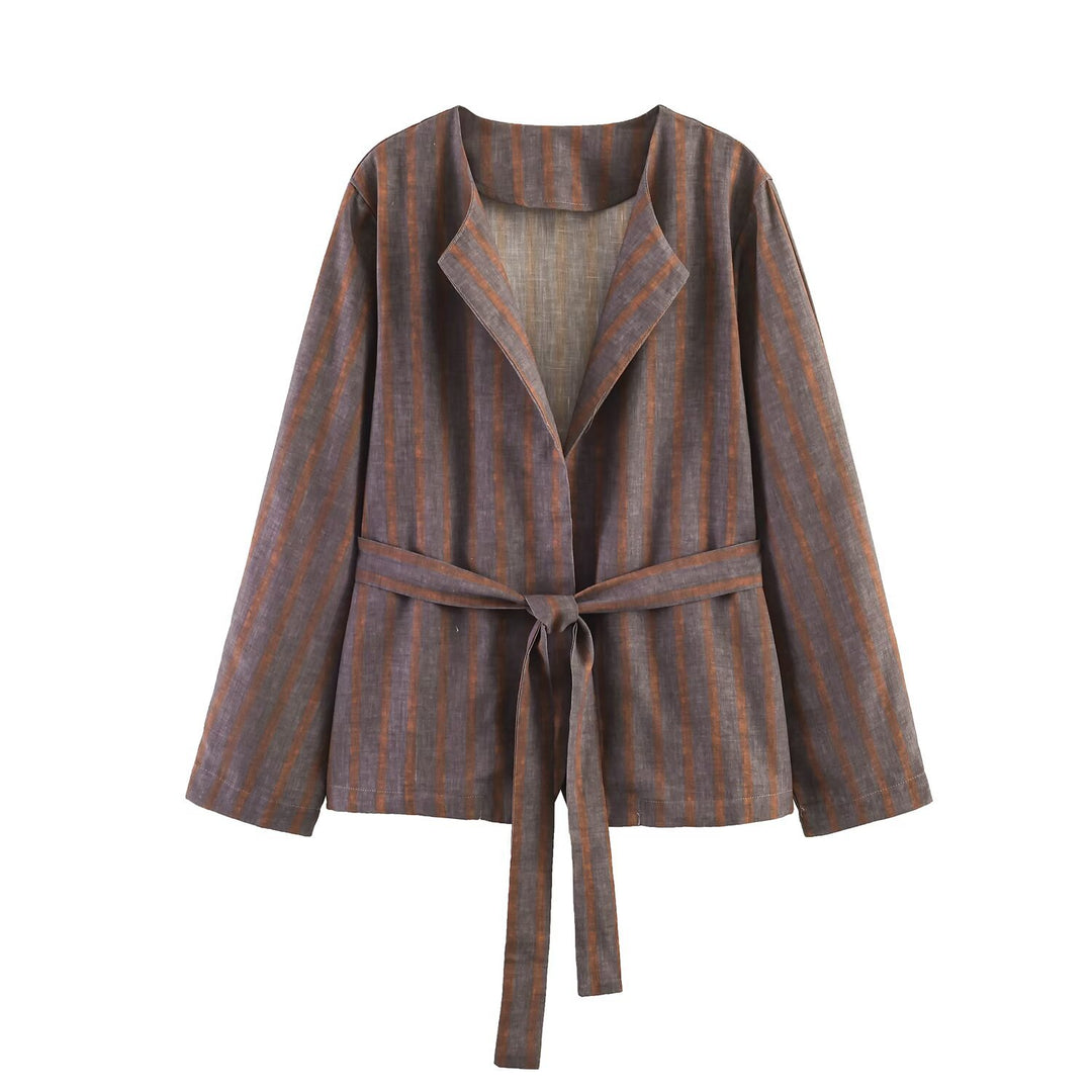 Damen Zweiteiliges Leinen-Set mit Bindegürteljacke und elastischer High-Waist-Hose Drune