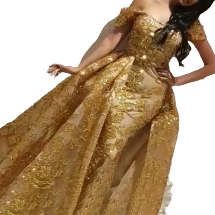 Damen Glamouröses Abendkleid mit aufwendiger goldener Paillettenverzierung und eleganten Puffärmeln Drune