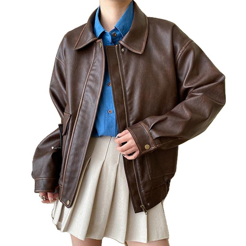 Damen Lässige Kunstlederjacke mit praktischen Taschen und elastischem Saum Drune