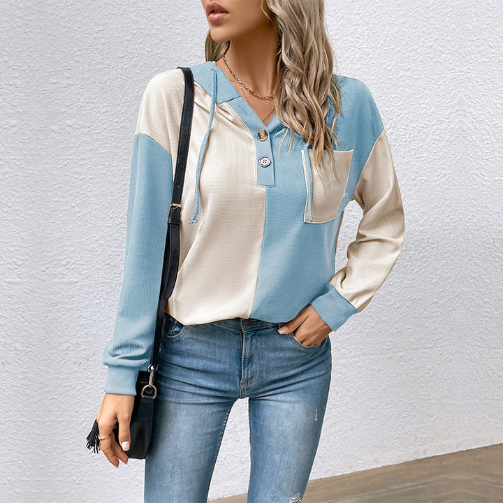 Damen Colorblock-Hoodie mit Waffelstruktur, Knopfleiste und Brusttasche Drune
