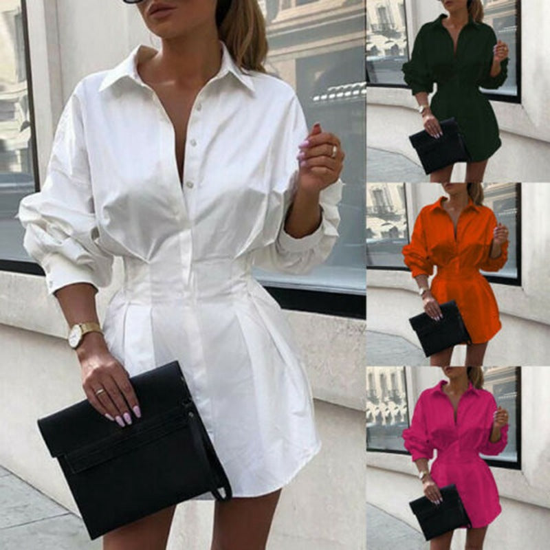 Damen Hemdblusenkleid mit weitem Schnitt und modernen Puffärmeln Drune