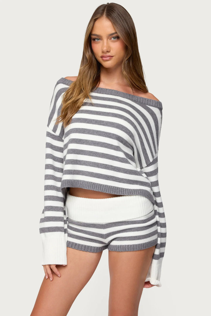 Damen lässiges Cropped Strickset mit zarten Streifen und weitem Schnitt