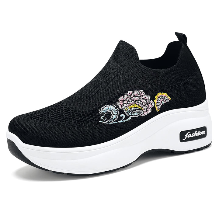 Damen nan elastischer Strick-Slipper mit aufgesticktem Blumenmotiv und stützender Keil-Laufsohle Drune
