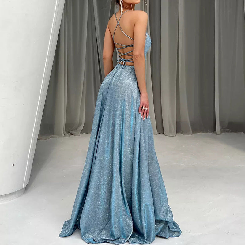 Damen Glamouröses Abendkleid mit offenem Rücken und funkelnder Stoffqualität Drune