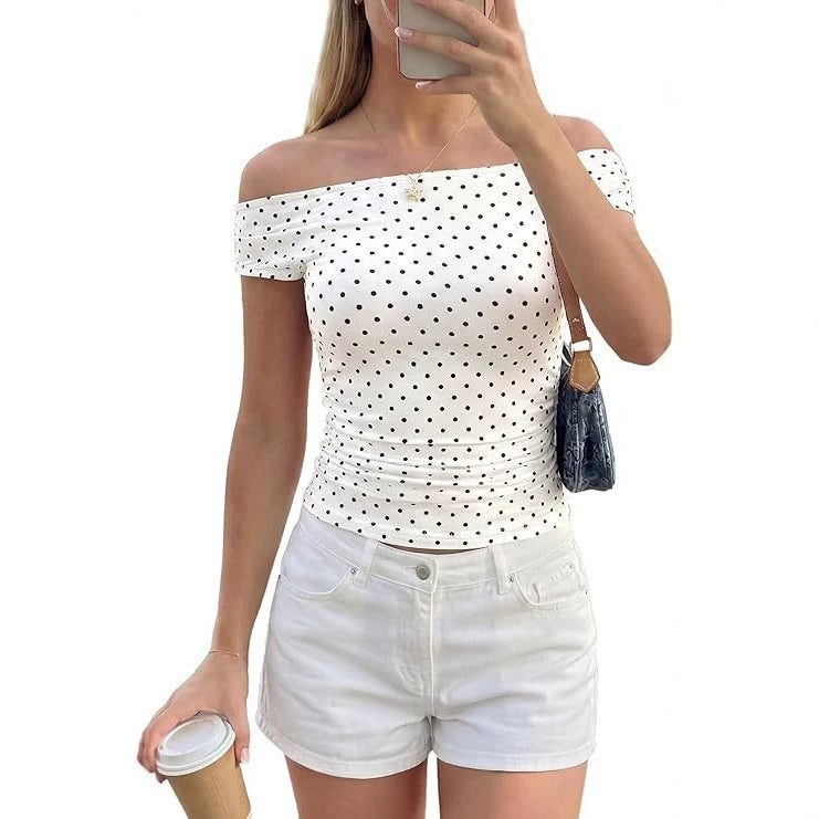 Damen Schulterfreies tailliertes Polka‑Dot Top mit geraffter Seitennaht Drune