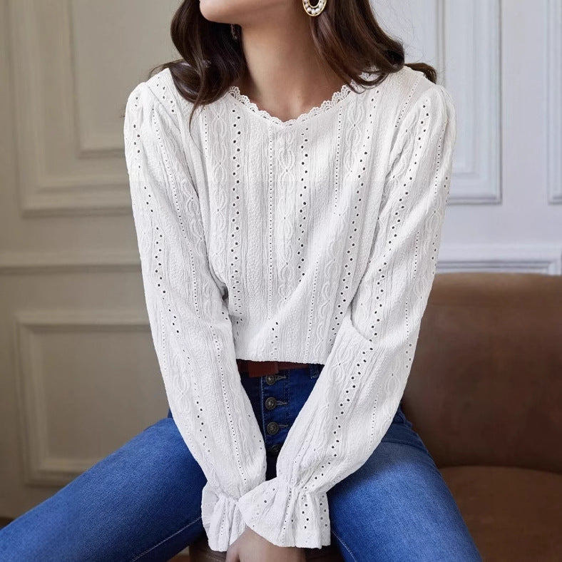 Damen elegante Bluse mit Rüschendetails und Lochstickerei Drune