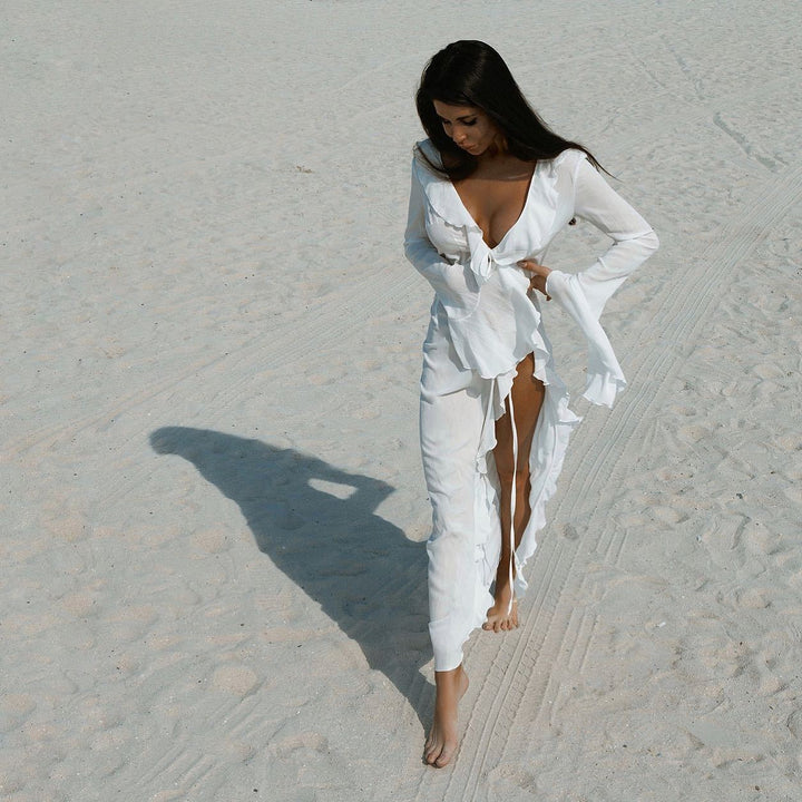 Damen Elegantes Strandkleid mit Rüschendetails und tiefem V-Ausschnitt Drune