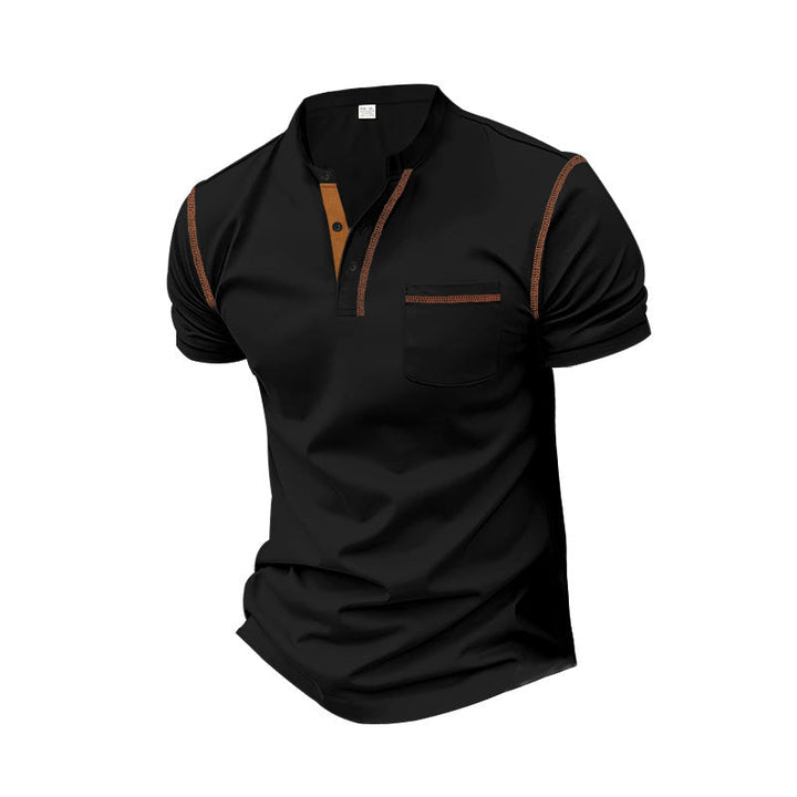 Herren nan Kurzarm-Polo im Henleystil mit Stehkragen, Brusttasche und Kontrastnaht Drune