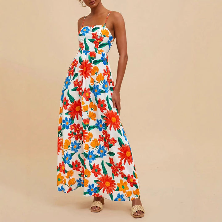 Damen Maxikleid mit buntem Blumenmuster und verstellbaren Trägern Drune
