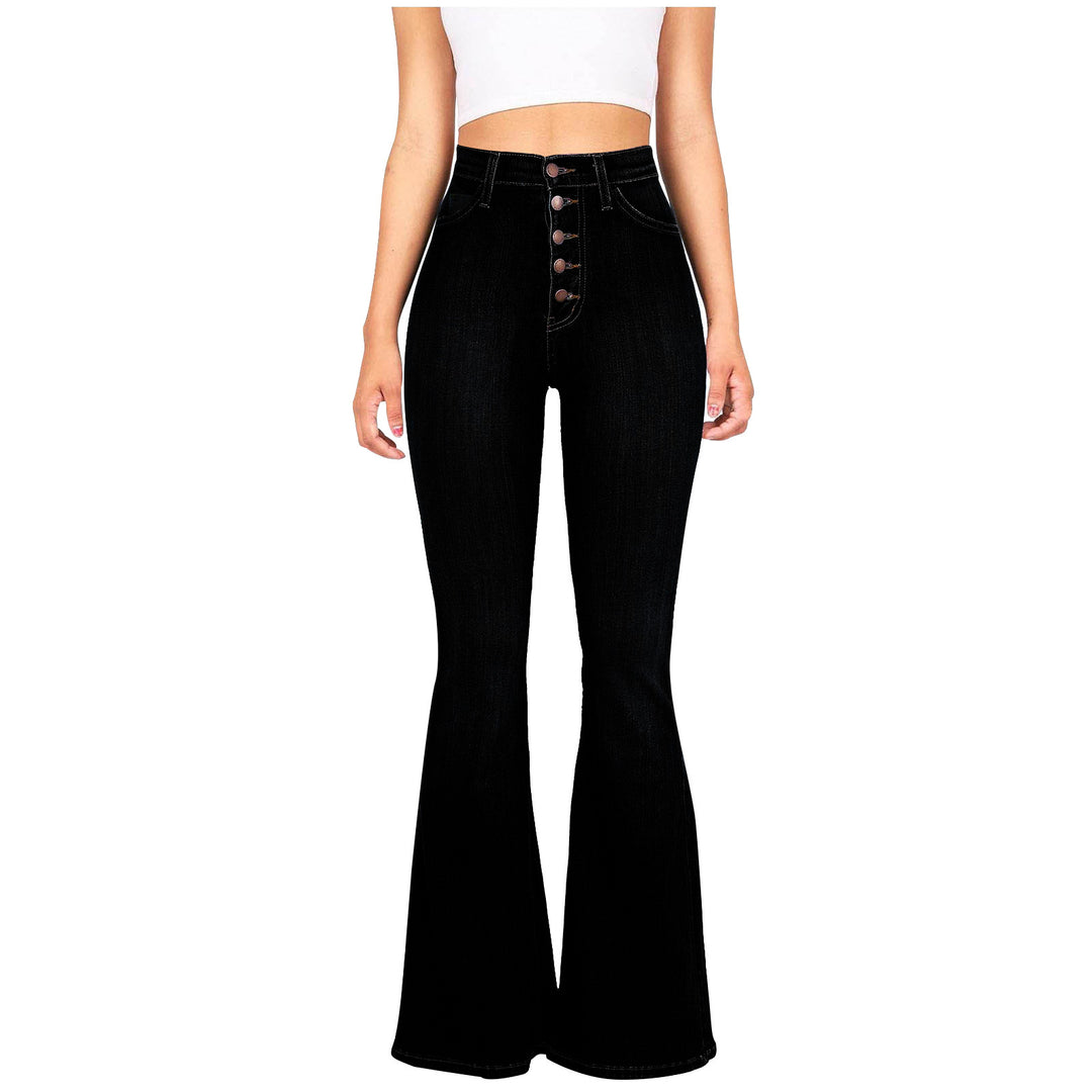 Damen High-Waist Flared Jeans mit dekorativen Knopfdetails und elastischem Bund Drune
