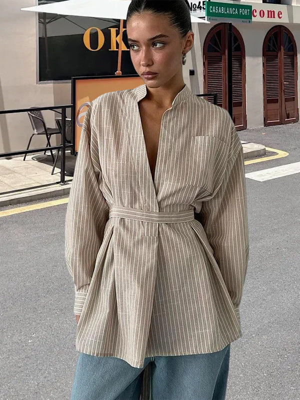 Damen Moderner Wrap-Blusenstil mit Gürtel und Vertikalen Streifen Drune