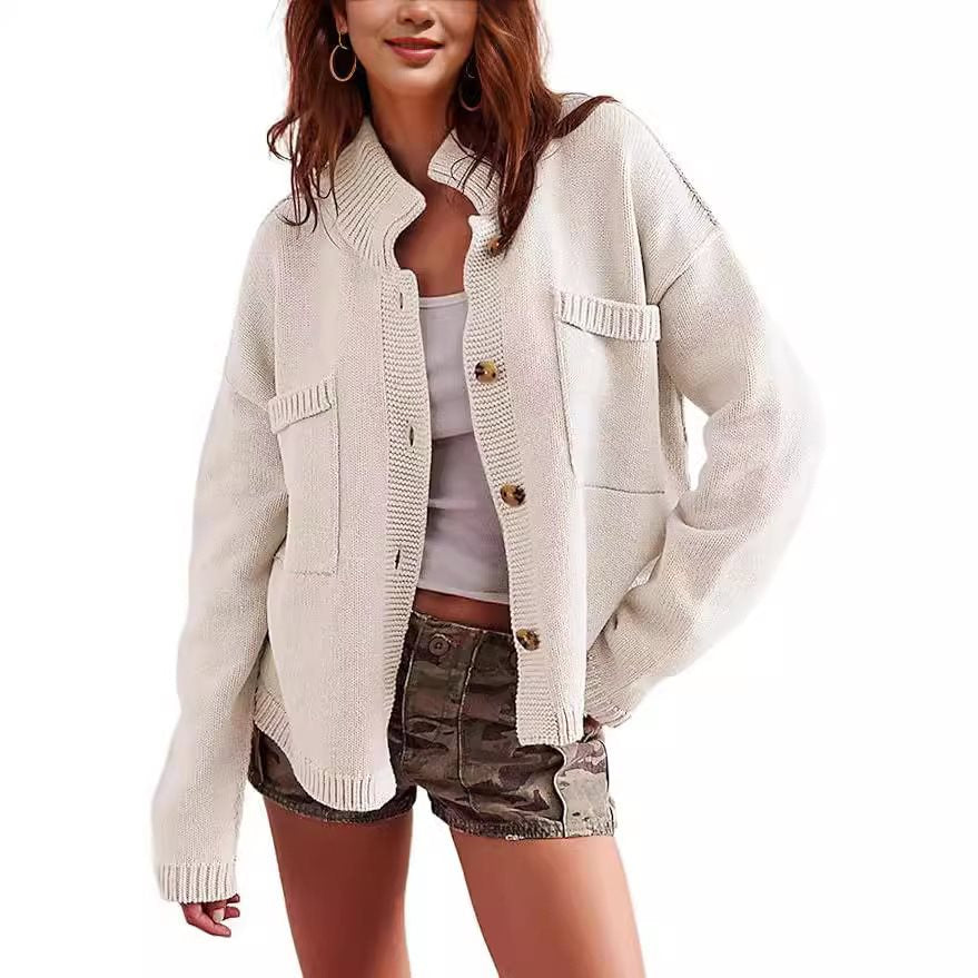 Damen lässige Strickjacke mit aufgesetzten Taschen und Knopfverschluss Drune