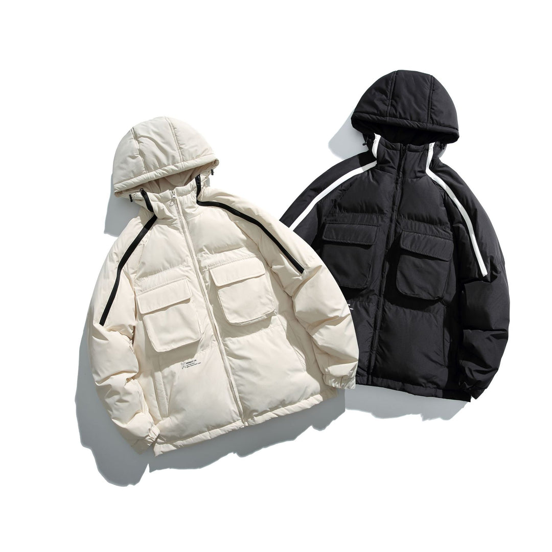 Unisex Kurz geschnittener Boxy-Puffer mit Kapuze, Kontraststreifen und großen Klappentaschen Drune