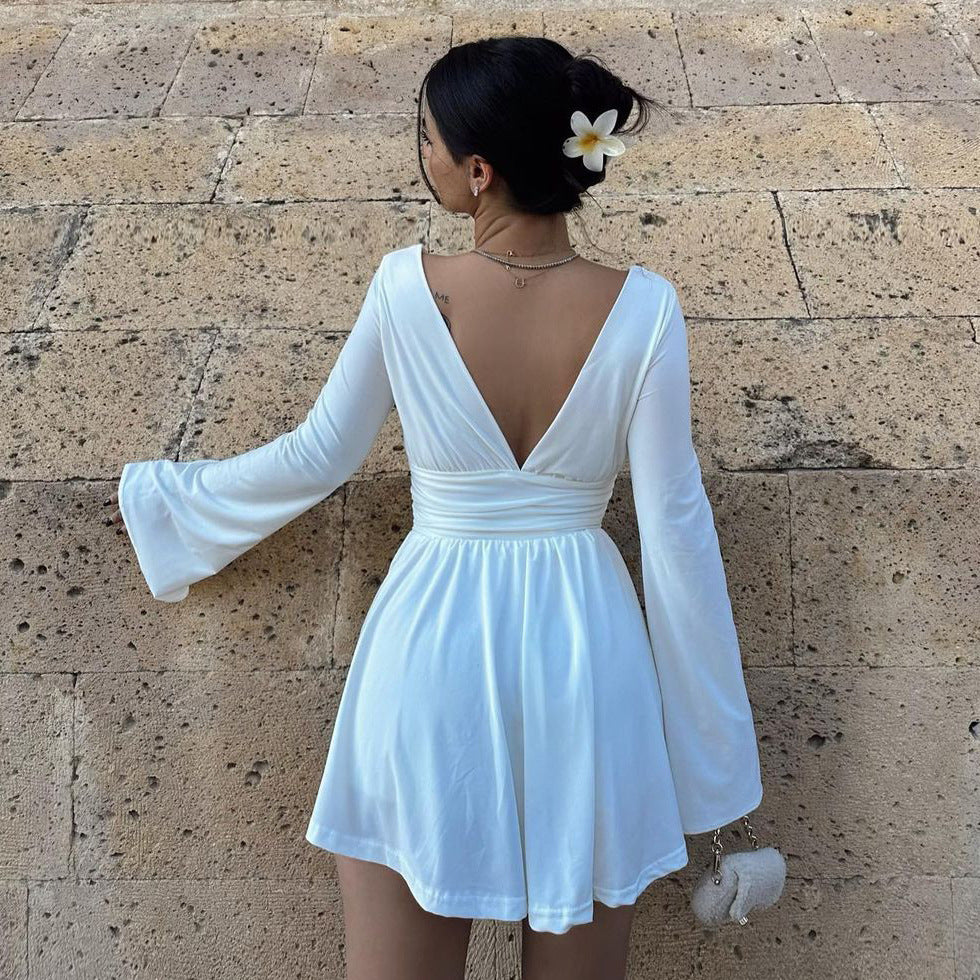 Damen elegantes Kleid mit tiefem V-Ausschnitt und langen Ärmeln Drune