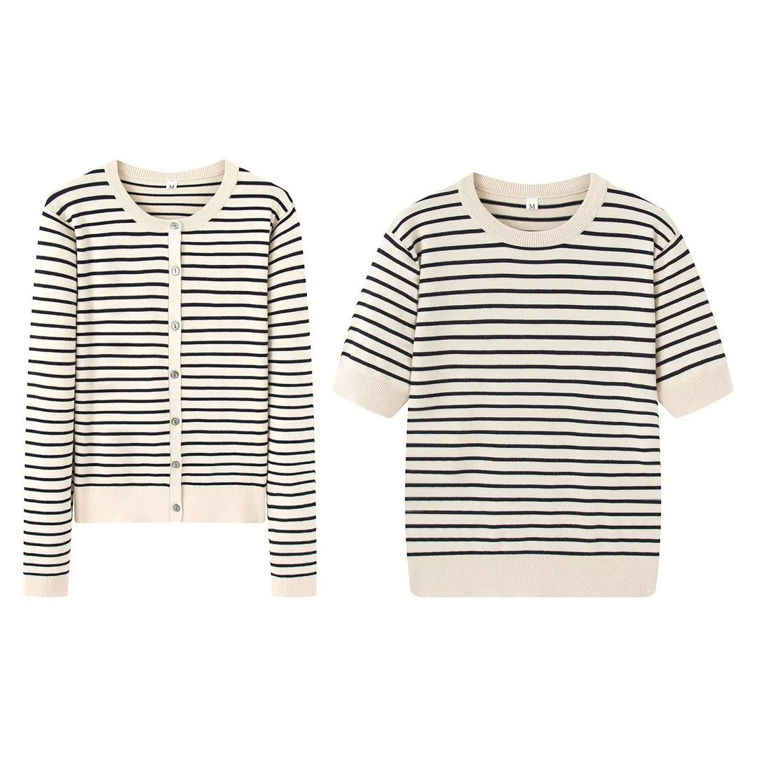 Damen nan gestreifte Feinstrick-Cardigan mit Rundhalsausschnitt und durchgehender Knopfleiste Drune
