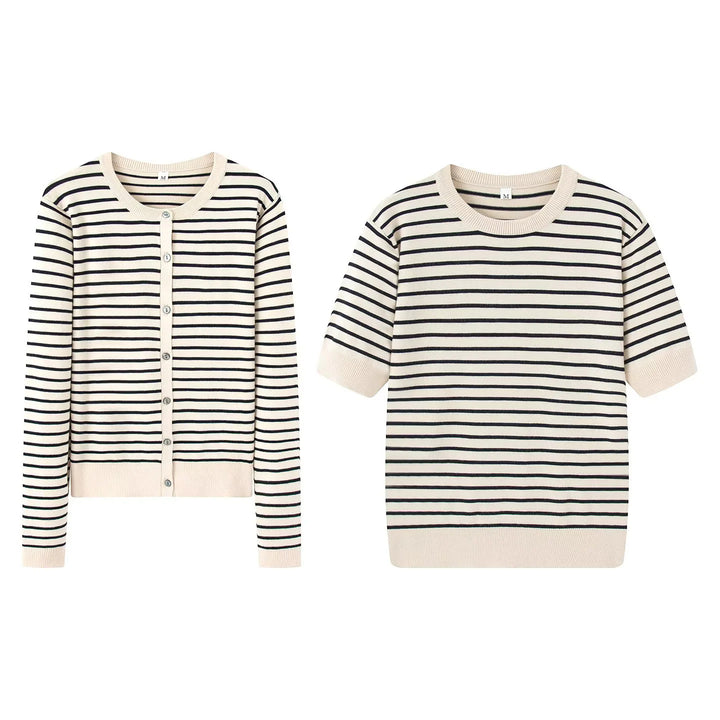 Damen nan gestreifte Feinstrick-Cardigan mit Rundhalsausschnitt und durchgehender Knopfleiste Drune