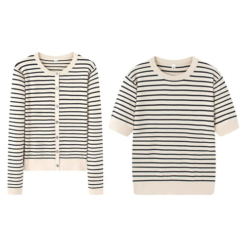 Damen nan gestreifte Feinstrick-Cardigan mit Rundhalsausschnitt und durchgehender Knopfleiste Drune
