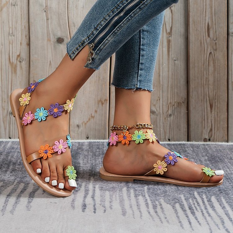 Damen Sommer Sandalen mit buntem Blüten-Design und rutschfester Sohle Drune