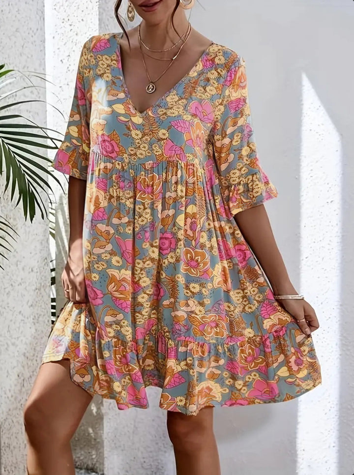 Damen Freizeitkleid mit floralem Muster und voluminösem Schnitt Drune