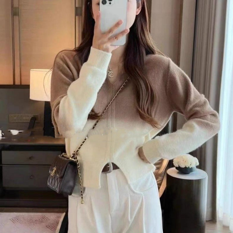 Damen kuscheliger Übergangs-Pullover mit elegantem V-Ausschnitt und Reißverschluss Drune