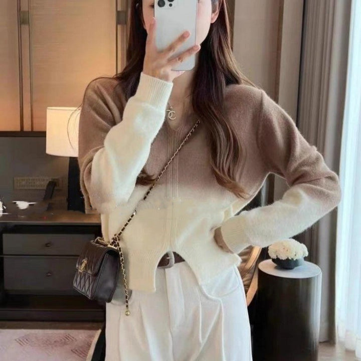 Damen kuscheliger Übergangs-Pullover mit elegantem V-Ausschnitt und Reißverschluss Drune