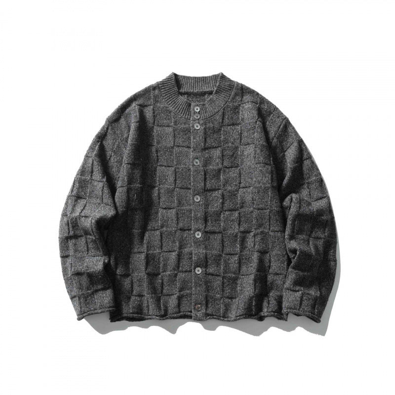 Unisex Strukturierte Boxy-Strickjacke mit Karomuster Drune