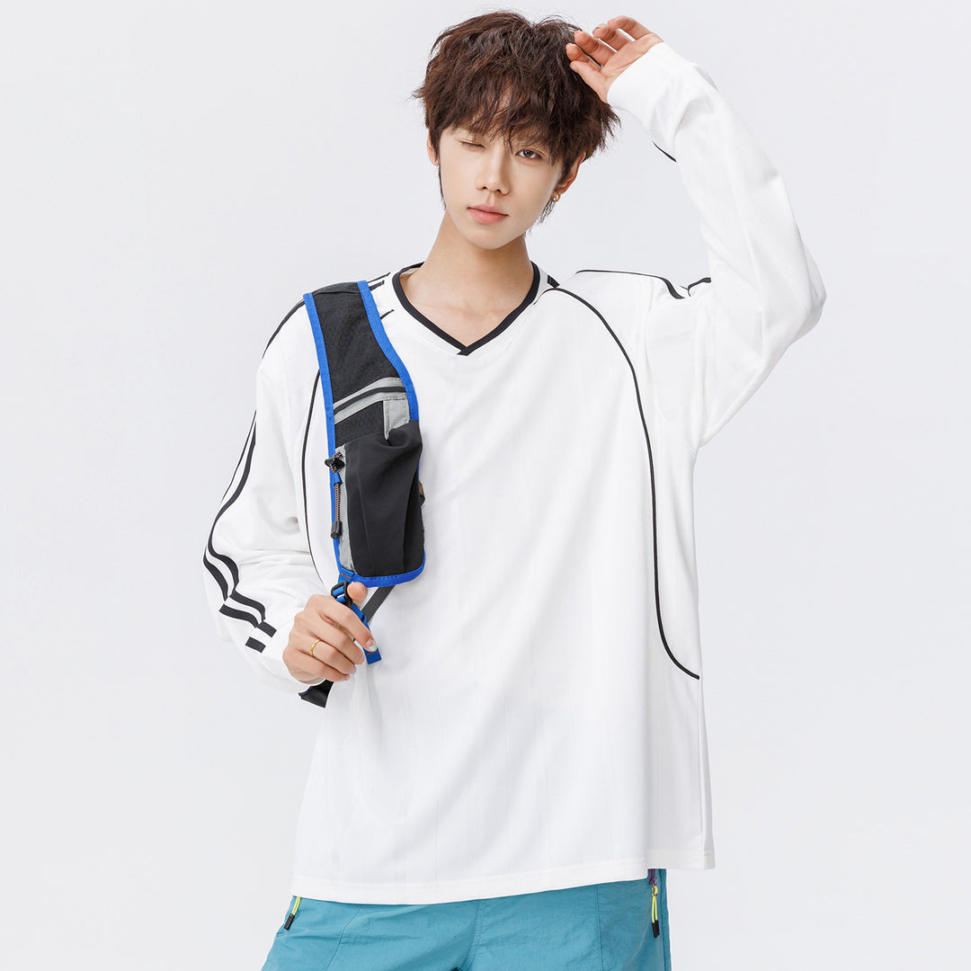 Damen Weites V-Ausschnitt Oversize-Sportshirt mit Raglanärmeln und Kontraststreifen Drune