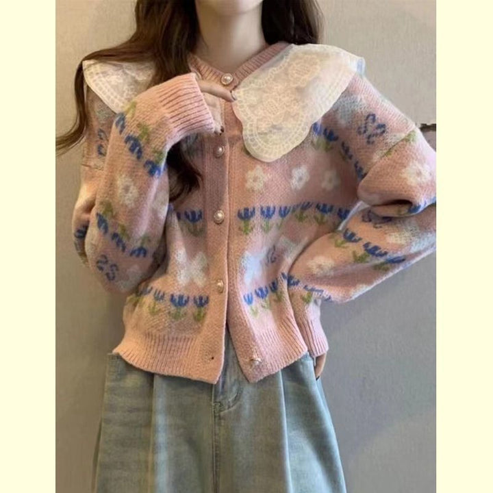 Damen Strickjacke mit floralen Mustern und großem Kragen Drune
