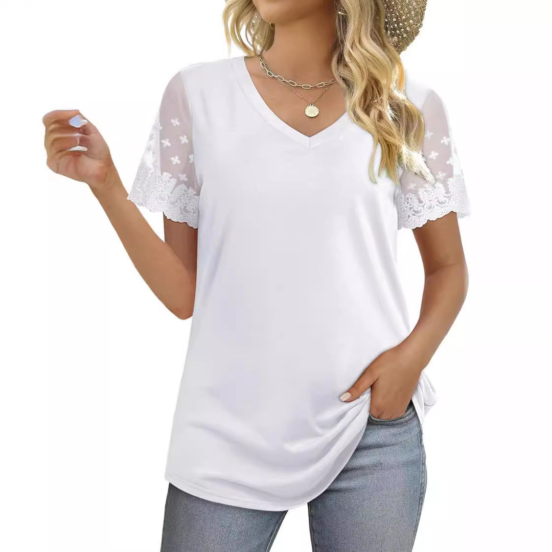 Damen Bluse mit eleganten Spitzenärmeln und V-Ausschnitt Drune