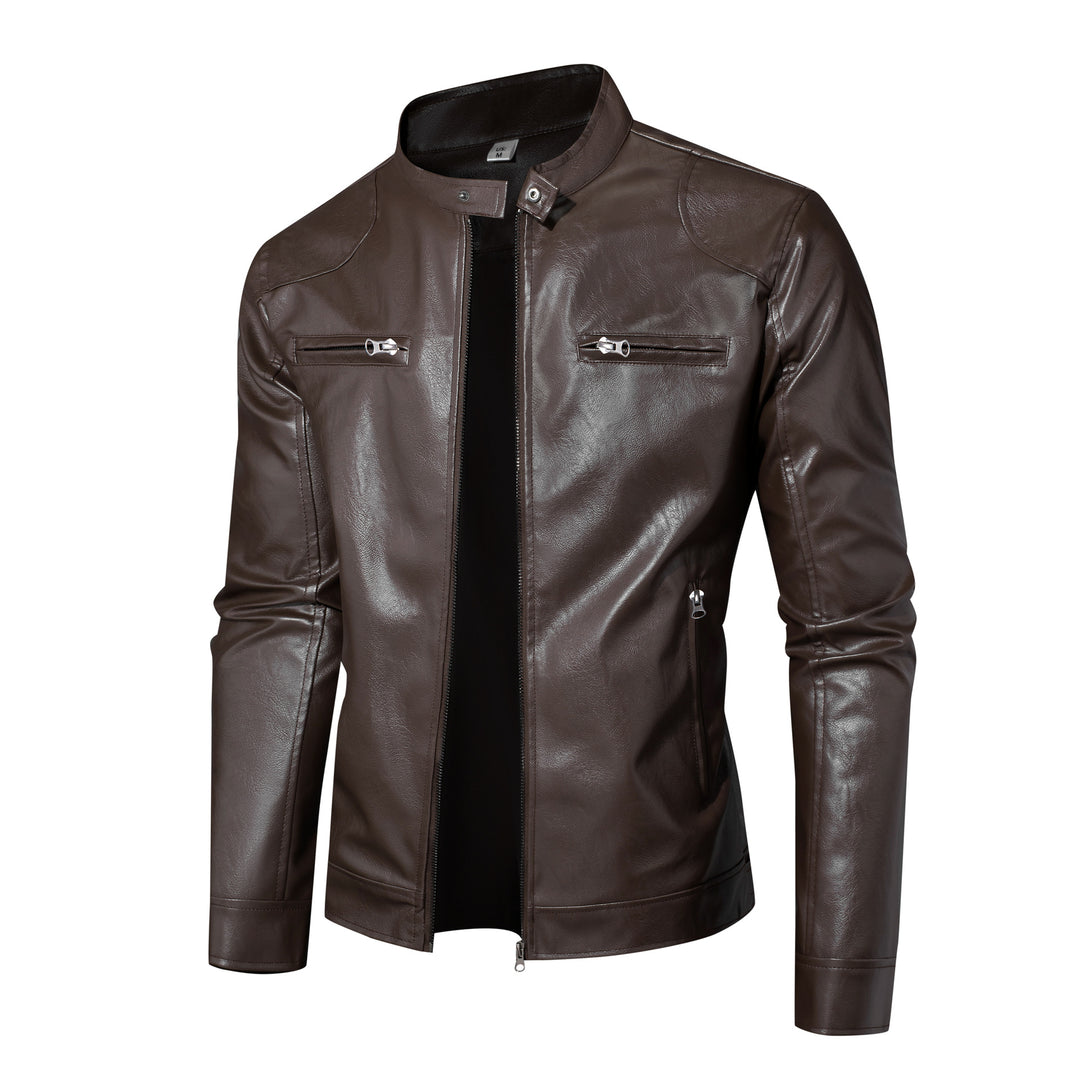 Herren Lederjacke im Bikerstil mit Stehkragen und Reißverschlusstaschen Drune