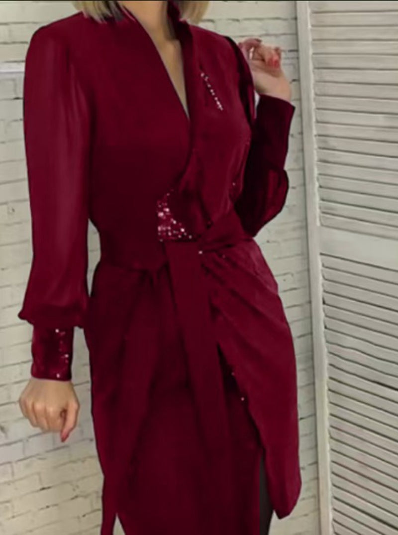Damen nan tailliertes Wickelkleid mit semitransparenten Puffärmeln, dezentem Paillettenbesatz und Bindegürtel Drune