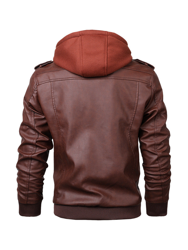 Herren Kunstleder-Bomberjacke mit Kapuze Fleece-Innenfutter und Multifachtaschen Drune