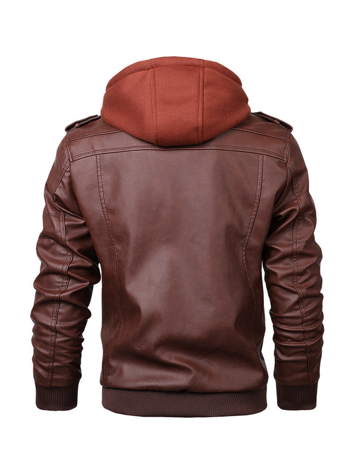 Herren Kunstleder-Bomberjacke mit Kapuze Fleece-Innenfutter und Multifachtaschen Drune