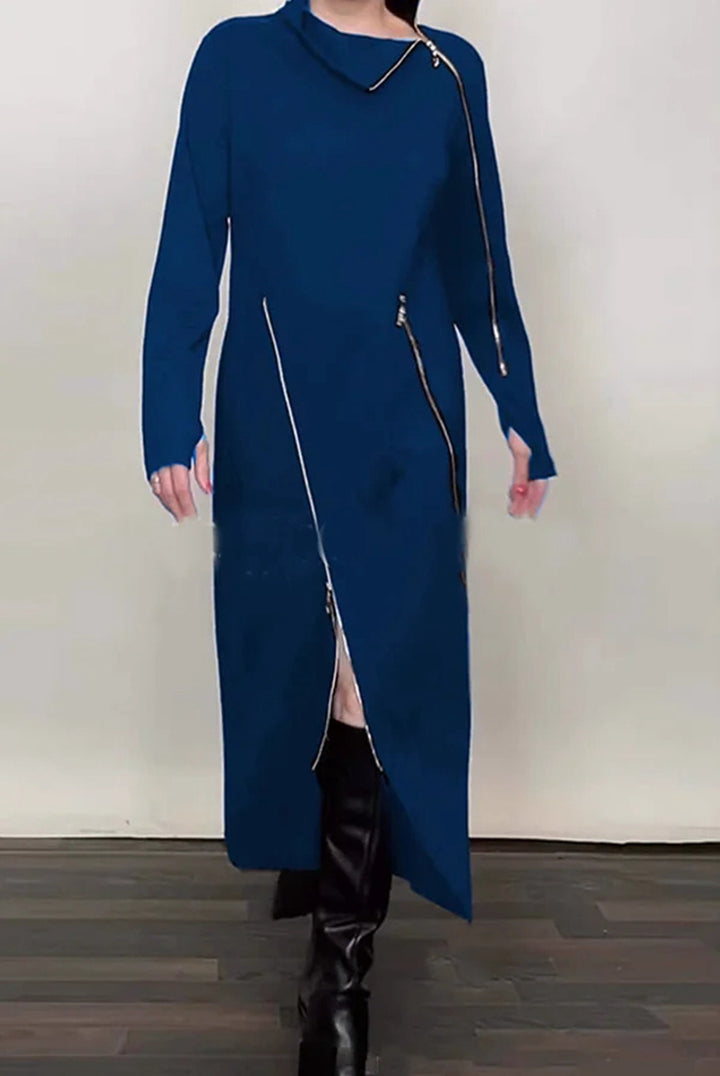 Damen nan langes Strickkleid mit asymmetrischen Metallreißverschlüssen und Frontschlitz Drune