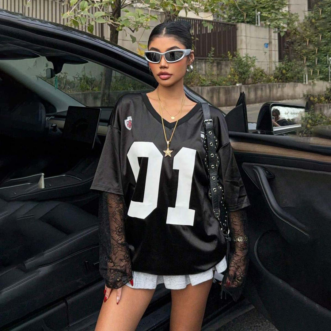 Damen Streetstyle Oversized T-Shirt mit Lace-Ärmeln Drune