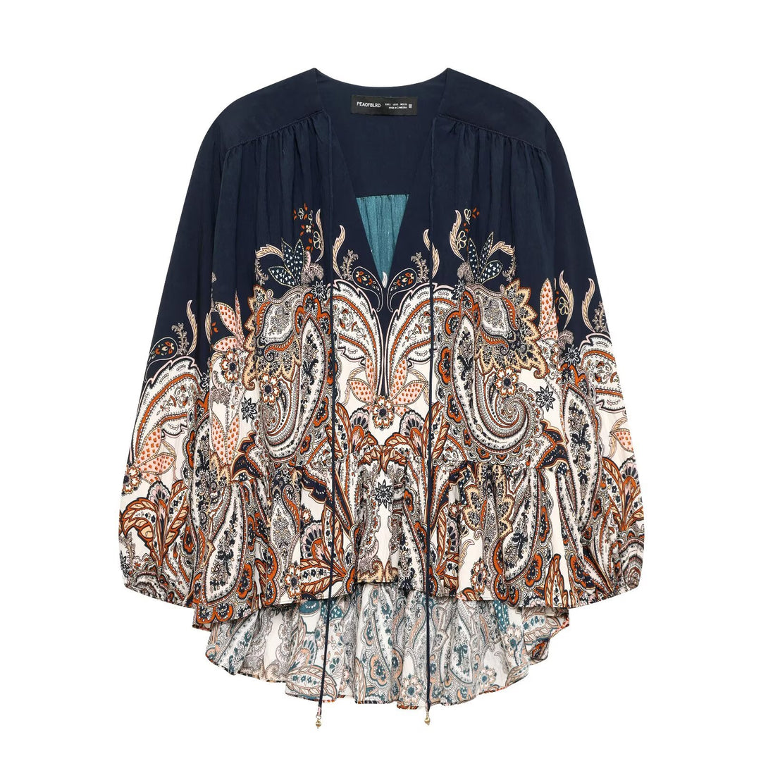 Damen Boho-Paisley-Bluse mit V-Ausschnitt, gerafften Schultern und Tunnelzugsaum Drune