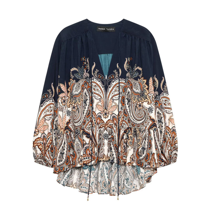 Damen Boho-Paisley-Bluse mit V-Ausschnitt, gerafften Schultern und Tunnelzugsaum Drune