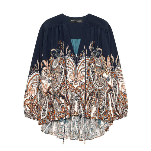 Damen Boho-Paisley-Bluse mit V-Ausschnitt, gerafften Schultern und Tunnelzugsaum Drune