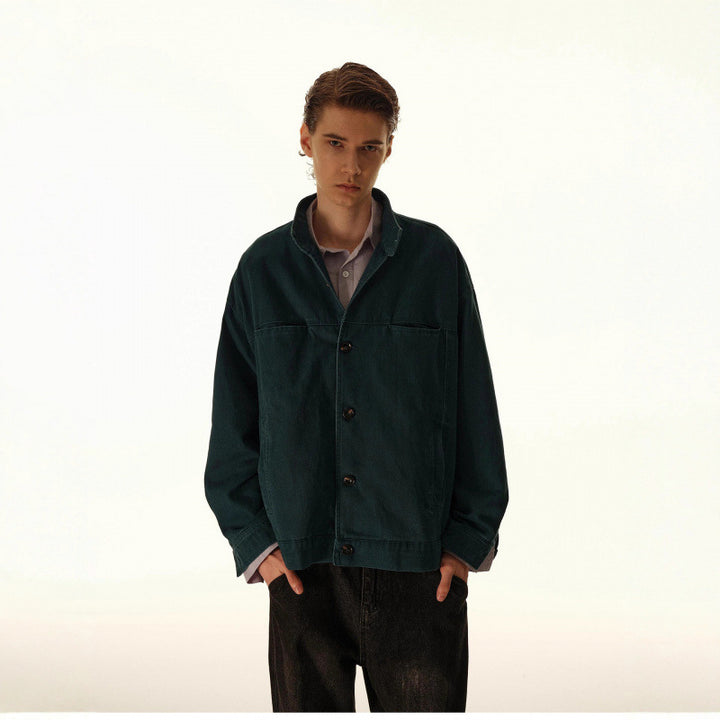 Herren Lockeres Canvas-Overshirt mit Stehkragen, aufgesetzten Eingrifftaschen und markanten Nahtdetails Drune