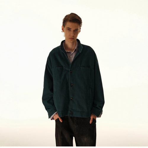 Herren Lockeres Canvas-Overshirt mit Stehkragen, aufgesetzten Eingrifftaschen und markanten Nahtdetails Drune