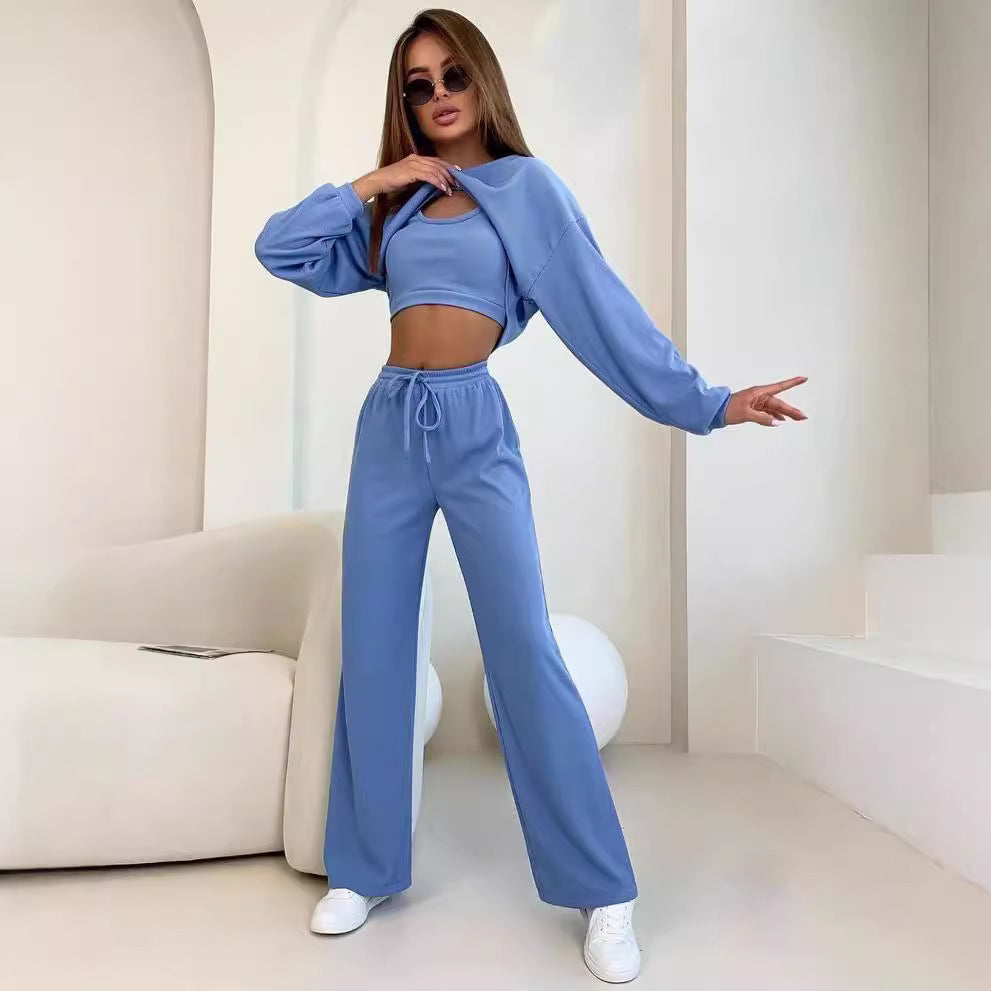 Damen Ripp-Lounge-Set mit Cut-Out Croptop, Oversize Cropped Pullover und High-Waist Jogginghose Drune