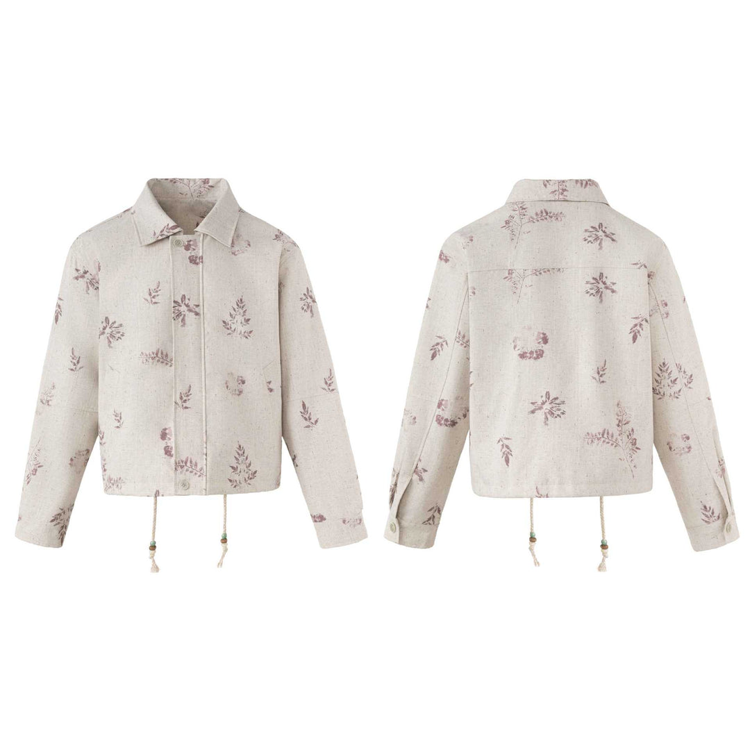 Damen Kurzer floraler Leinenblouson mit Kordelzug, verdeckter Knopfleiste und Hemdkragen Drune