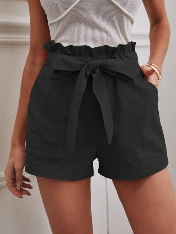 Damen Leichte Shorts mit dekorativem Bindegürtel und elastischem Bund Drune