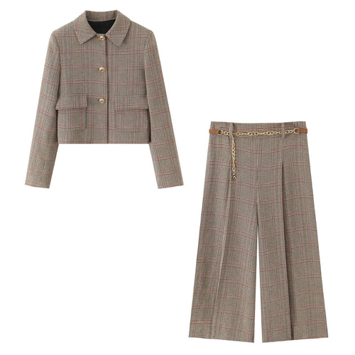 Damen 200+ hochtaillierte weite Glencheck-Palazzohose mit Zierkettengürtel Drune