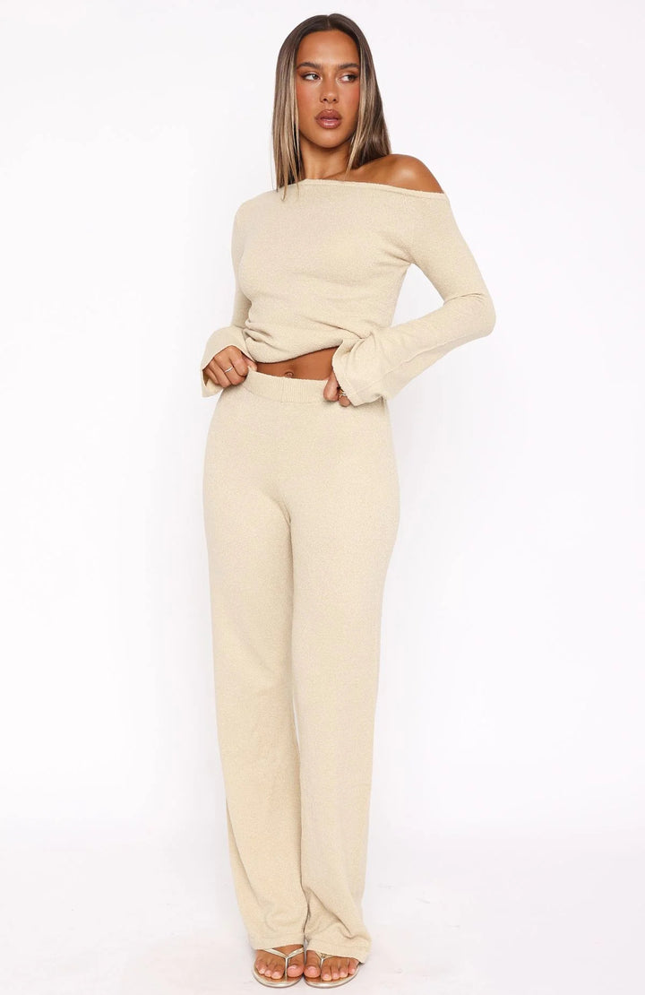 Damen Zweiteiliges Strick-Loungewear-Set mit Carmen‑Ausschnitt und weitem High‑Waist‑Hosenbein Drune