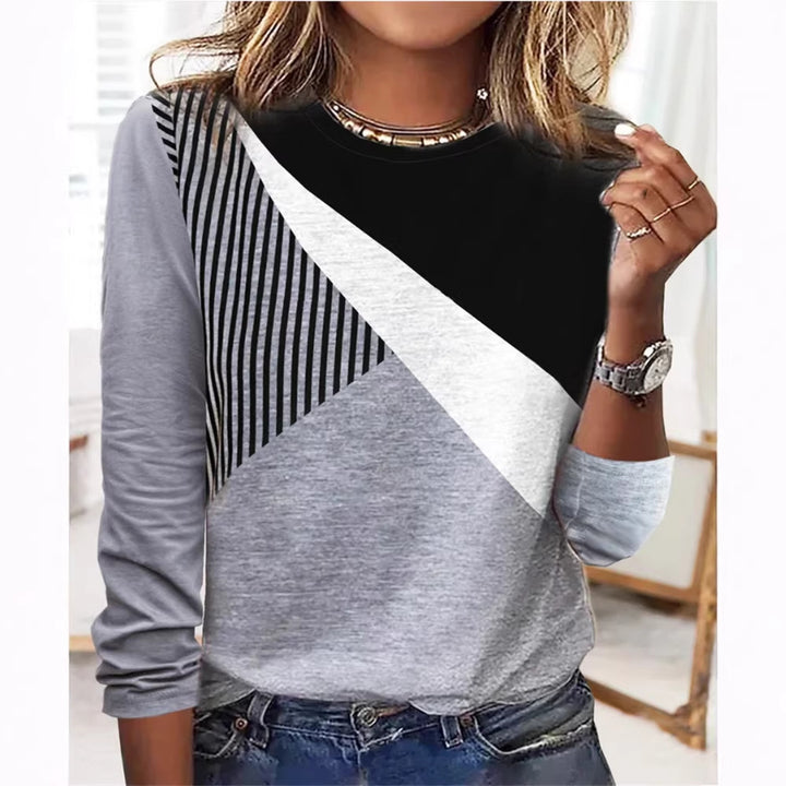 Damen Farbblock Langarmshirt mit schrägem Streifenmuster und Rundhalsausschnitt Drune