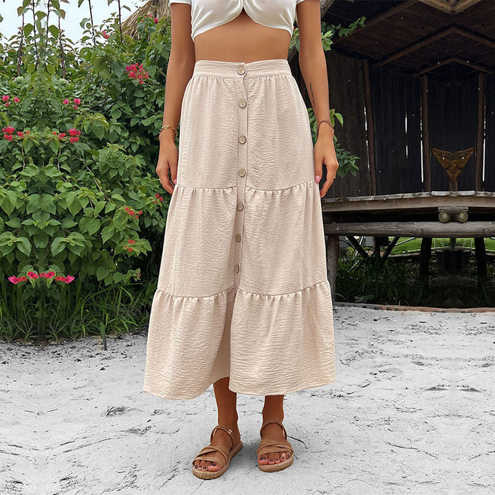Damen Stufen-Midirock mit durchgehender Knopfleiste und hohem Bund Drune