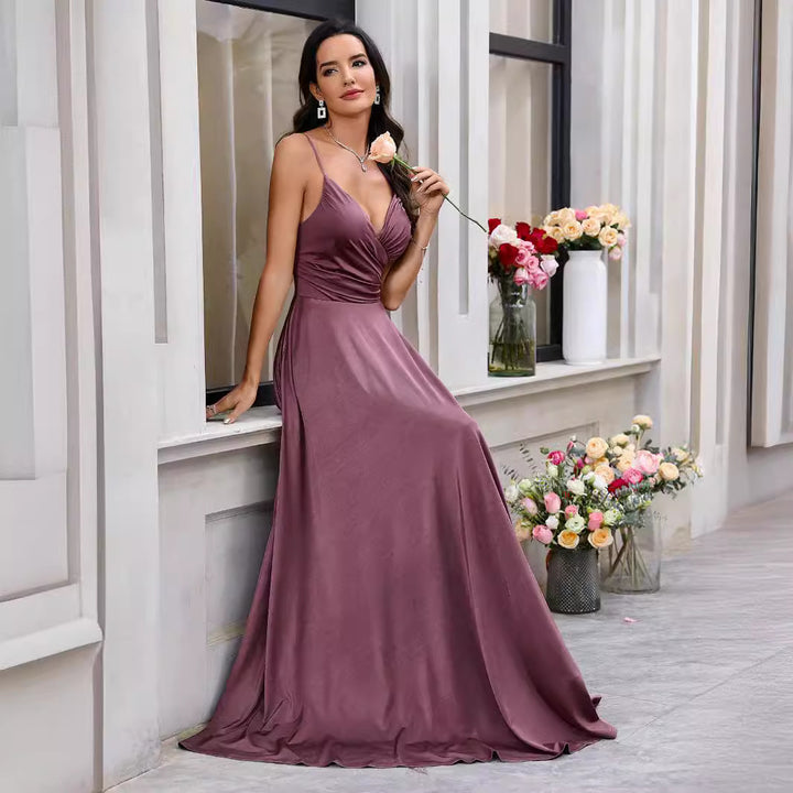 Damen Maxikleid aus fließendem Satin mit eleganter Frontwicklung Drune