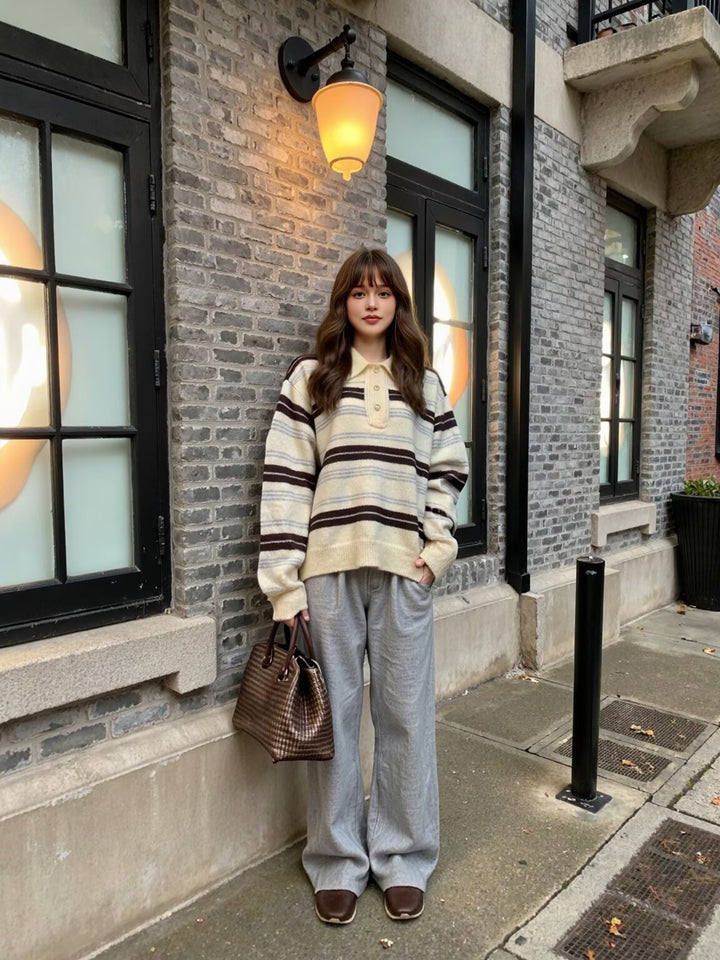 Damen Gestreifter Polokragen-Strickpullover im Oversize-Look Drune